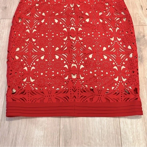 Tadashi Shoji Red Laser Cut Suede Sheath Knee Length Dress Size medium - Picture 9 of 16